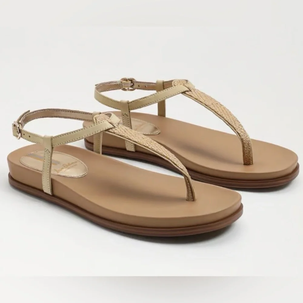 Sam Edelman Naomi Thing Beige Raffia T-Strap Sandals with Gold Accent NWOT
